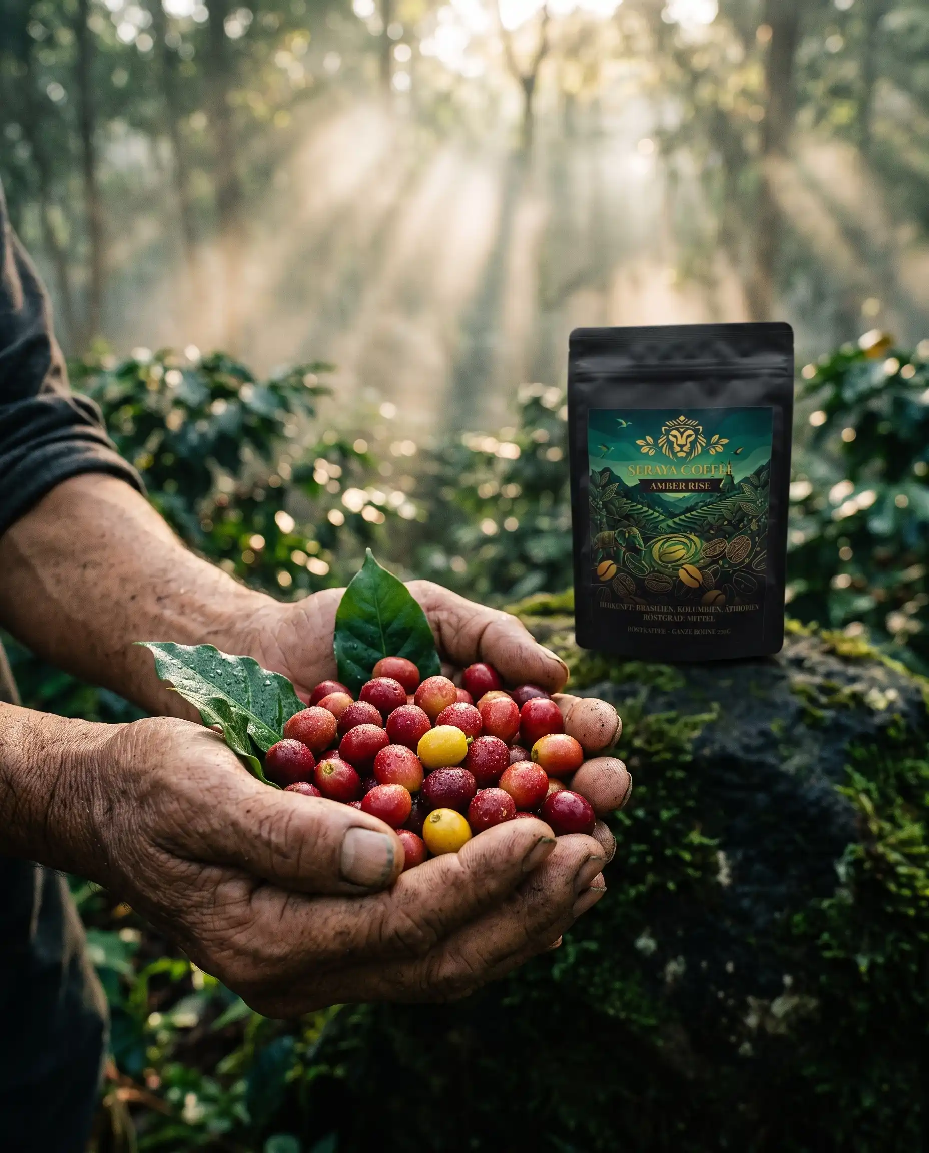 Hände halten frisch gepflückte Kaffeekirschen, dahinter der Amber-Rise-Beutel im Regenwald