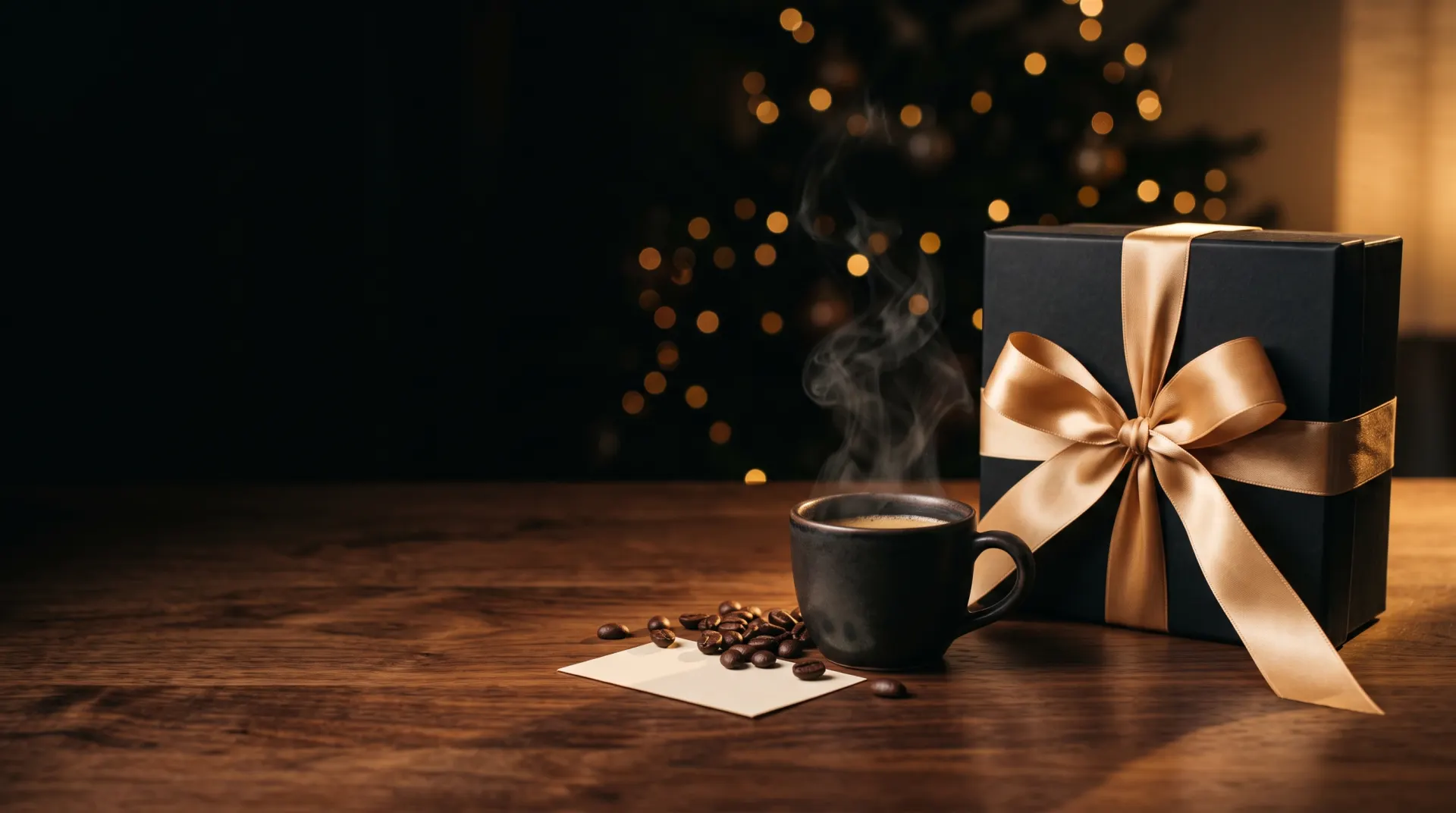 Schwarze Geschenkbox mit goldener Schleife neben einer Tasse Espresso