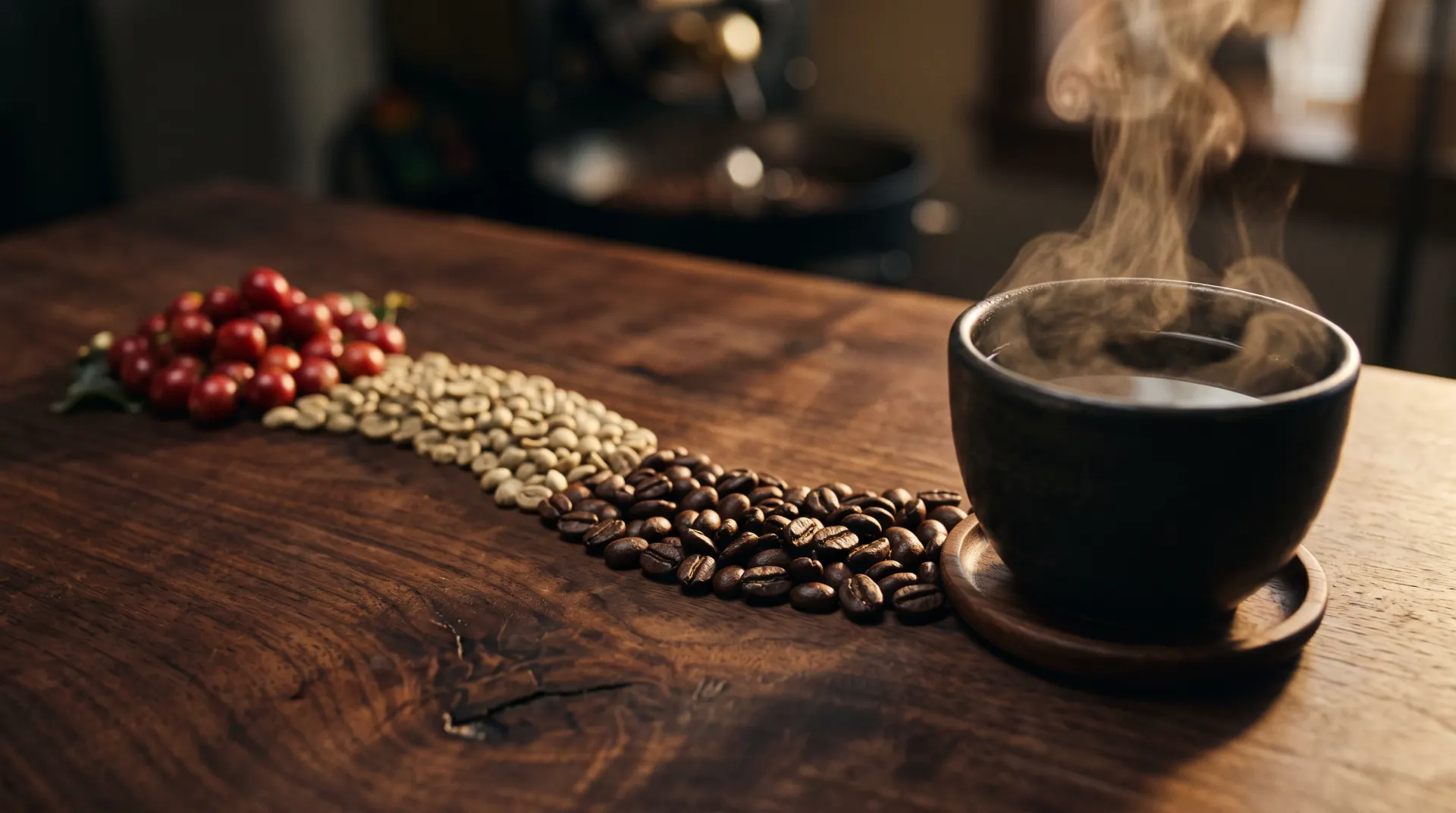 Kaffeekirschen, Rohkaffee und geröstete Bohnen in einer Linie bis zur dampfenden Tasse