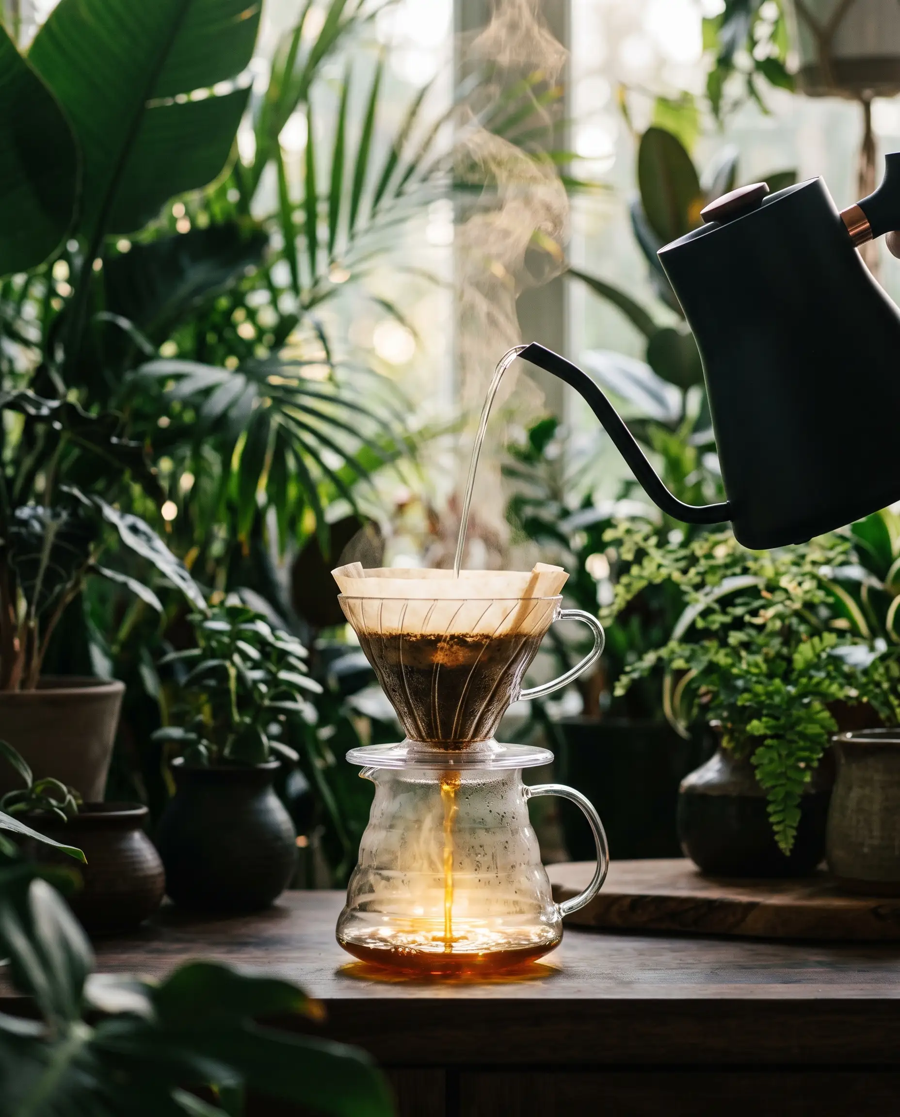 Pour-over-Zubereitung im tropischen Morgenlicht: Wasser läuft langsam durch den Glasfilter