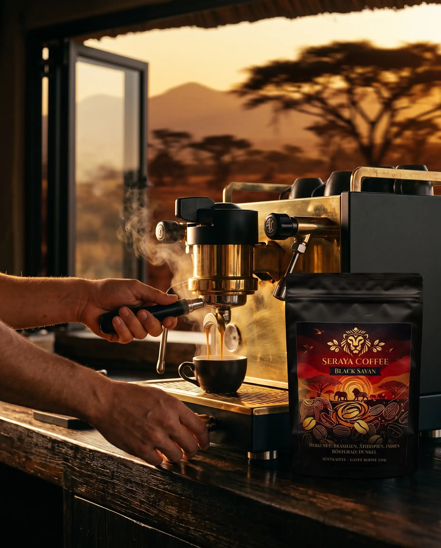 Doppelter Espresso mit dichter Crema läuft aus der Siebträgermaschine, daneben der Black-Savan-Beutel in einer Safari-Lodge