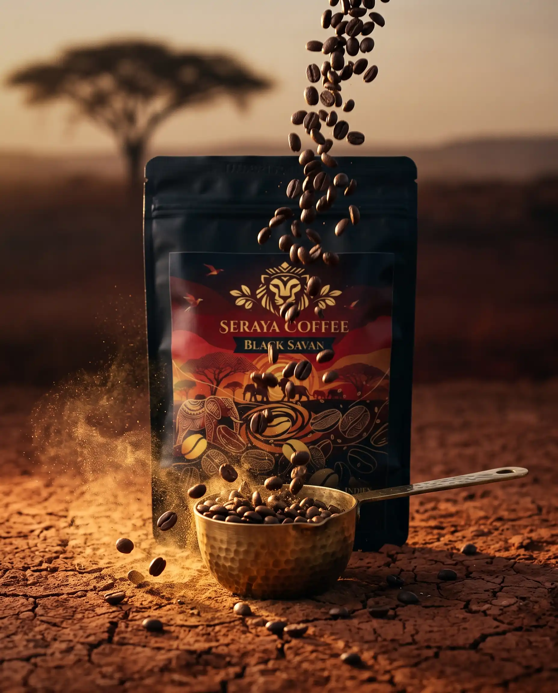 Dunkel geröstete Kaffeebohnen fallen in eine Messingschaufel vor dem Black-Savan-Beutel auf roter Savannenerde